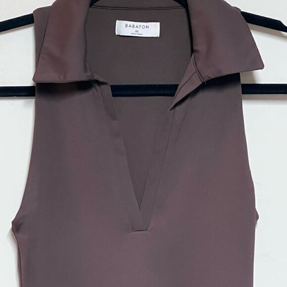 New Aritzia Babaton Sculpt knit Mocha Brown Sleeveless Polo Dress Sz XS - Picture 10 of 11